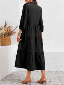2026 Popular Fall Maxi Shirt Dress V Neck Vestidos Elegantes De Mujer Button Down 3/4 Sleeve Tiered Collared Flowy Design - 黑色 - 查看 2