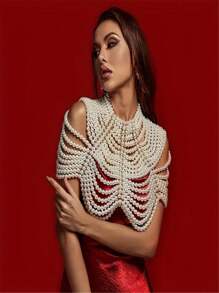 1pc Delicate & Elegant White Multi-Layer Faux Pearl Handmade Hollow Necklace & Body Chain, Adjustable Length, Suitable For Formal Wear & All Seasons