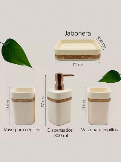 Juego de 4 piezas de accesorios y kit de limpieza para el baño - Dispensador de loción, jabonera, vaso de enjuague y recipiente rellenable - Perfecto para la decoración del baño y la cocina - Empaque elegante - Ideal para regalos - Decoración de baño de verano