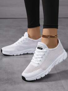 秋冬女士透气网眼休闲运动鞋，轻便柔软舒适，系带，户外跑步运动鞋 - 白色 - 查看 1