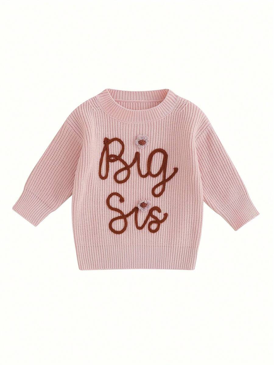 Suéter de otoño para niña, jersey de punto de manga larga con cuello redondo y estampado floral bordado. - Rosa - Ver 1