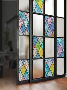 窗户隐私膜彩色玻璃窗贴 3D 彩虹膜适用于玻璃门装饰彩色格子贴纸静电贴遮阳窗帘适用于家庭，