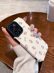 Flower Phone Case 1pc Pink Heart-Shaped Rose Bow Vertical Stripe Faux Leather Pattern Shockproof Anti-Fingerprint Soft Phone Case Compatible With Iphone & Models - Multicolor - View 1
