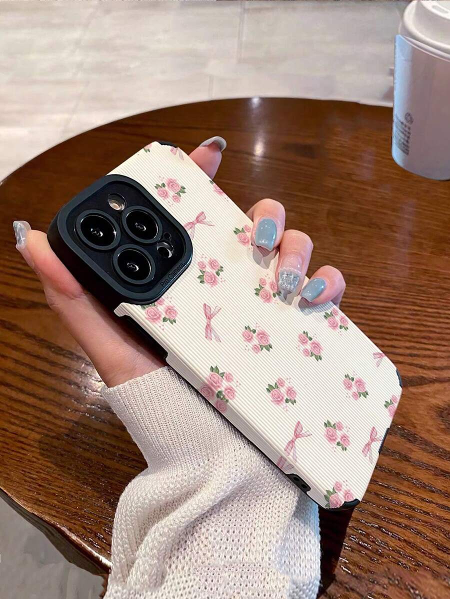 Flower Phone Case 1pc Pink Heart-Shaped Rose Bow Vertical Stripe Faux Leather Pattern Shockproof Anti-Fingerprint Soft Phone Case Compatible With Iphone & Models - Multicolor - View 1