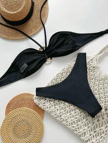 Women's Solid Color Bikini Two-Piece Set, With Metal Accessories In The Middle, Suitable For Summer Swimming Vacation - Black - View 2