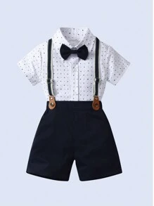 BOARNSEORL 2pcs Young Boys Gentleman Outfit - Navy Blue Shorts With Suspenders And White Polka Dot Short Sleeve Shirt With Bow Tie, Fashionabantic For Birthday Party, Wedding, Anniversary Celebration - Navy Blue - View 3