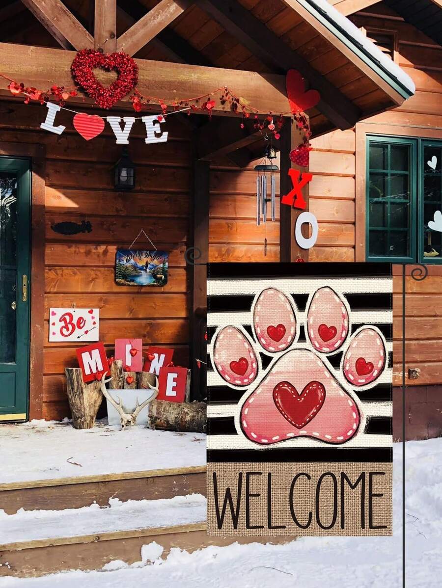 1 件情人节快乐花园旗帜，猫爪心形花园横幅户外双面，周年纪念心形庭院户外装饰 - 貓爪愛心 - 查看 1