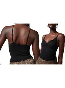 Women's Ribbed Crop Cami Tops Sleeveless Spaghetti Strap Lettuce Trim Camisole Ruched Tank Tops - Black - View 2