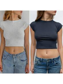 Women Cute Crop T-Shirts Casual Summer Solid Color Tie Up Backless Basic Cap Sleeve Tops For Streetwear - 灰色 - 查看 2