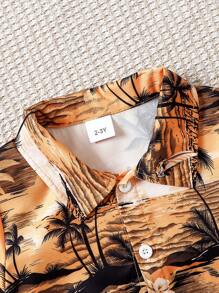 Young Boy 3 Piece Vacation Print Short Sleeve Shirt, Shorts & Hat Set, Fashionable & Minimalist, Hot Selling Summer Outfit For 2-5