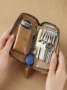 2025 Shopping Festival Promotion, Minimalist High-End Leather Key Pouch For Men, Large Capacity Waist Hanging Real Soft Leather Multi-Function Zipper Key Holder Card Case 2-In-1 - Multicolor - View 7