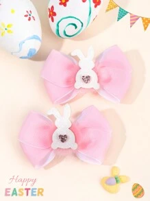 2 件装复活节女孩发饰 可爱闪光兔子装饰蝴蝶结发夹毛球装饰罗缎丝带蝴蝶结鳄鱼夹带全衬里心形兔子发夹女孩节日派对装扮装饰用品礼物儿童婴儿发饰 - 彩色 - 查看 1