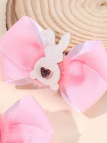2 件装复活节女孩发饰 可爱闪光兔子装饰蝴蝶结发夹毛球装饰罗缎丝带蝴蝶结鳄鱼夹带全衬里心形兔子发夹女孩节日派对装扮装饰用品礼物儿童婴儿发饰 - 彩色 - 查看 3