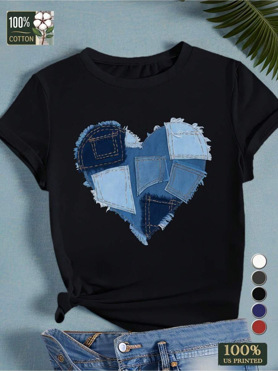Heart Shaped Denim Pattern Pure Cotton Women's Tshirt Comfort Fit - 黑色 - 查看 1