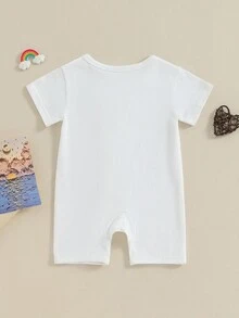 0-24M Baby Summer Romper Casual Short Sleeve Round Neck Zip Up Jumpsuit Infant Clothes - trắng - Xem 3
