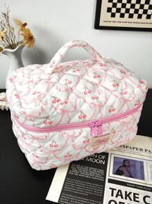 1 Piece Bow&Cherry Quilted Cosmetic Bag With Handle Bow Decor Makeup Bag Large-Capacity Portable Travel Cosmetic Pouch With Zipper, Sweet-Style Toiletry Bag, Makeup Storage Bag For Home, Travel, Daily Use, Women's Makeup Organizer To Store Makeup Tools, Makeup Brush Storage, Toiletry Travel Bag, Reusable Stuff Storage Bag, Coin Purse, Valentine's Day Gift, Bridesmaid Gift School Supplies Travel Essentials Make Up Bag Holiday Essentials Makeup Bags Makeup Pouch Holiday Winter Leopard Print Sausage Dog Gifts For Women - Multicolor - View 13