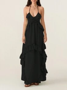 Vestido largo bohemio de verano para mujer sin mangas, con cuello halter de escote profundo en V, volantes superpuestos y falda fluida y vaporosa para la playa - Negro - Ver 5