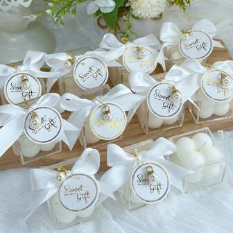 VICKYO 10/20 Sets de velas con burbujas aromáticas como favores para invitados, velas cúbicas pequeñas con cajas de acrílico, cinta y etiquetas, decoraciones para baby shower, revelación de sexo, bodas y fiestas nupciales