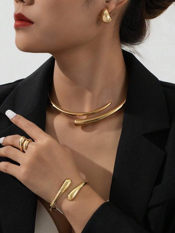 1 set di gioielli eleganti e di alta qualità in lega con forme geometriche, composto da bracciale, anello, collana e orecchini, adatto per feste, gala e appuntamenti, un regalo elegante per la fidanzata