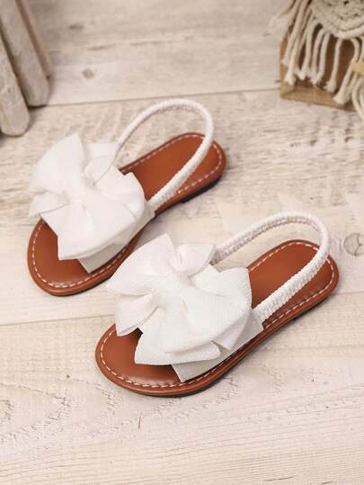 1 Pair Plus Size Infant/Toddler Girls' Beige Flat Sandals, Mesh Bow Decor, Elastic Back Strap, Round Toe, Non-Slip, Comfortable, Cute Roman Style Suitable For 3-15 Years Old, Daily, Party, Leisure, Vacation, Spring/Summer