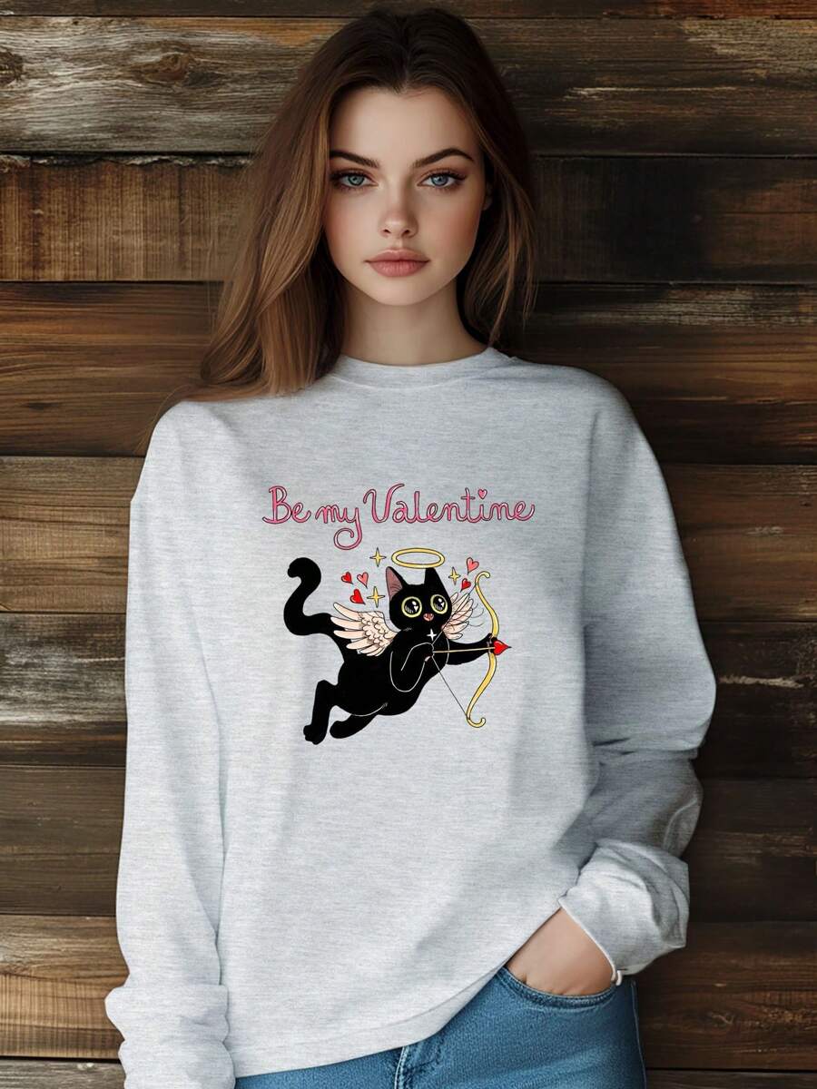 Women  Retro Valentine's Day Cupid Cat Cool T-Shirt Fashion Print Long Sleeve Round-Neck Loose Fit Tops Streetwear - Grey - View 1