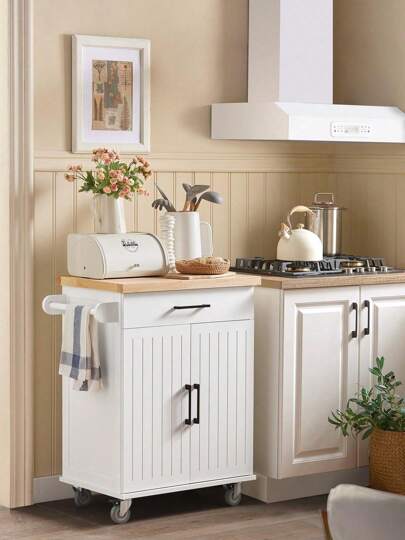SoBuy FKW119-WN, Kitchen Storage Trolley Mobile Kitchen Cabinet Cupboard With Rubber Wood Worktop