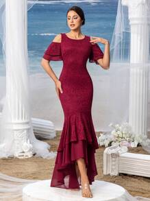 Faeriesty Mosy Elegant Cold Shoulder Ruffle Sleeves High Low Hem Lace Party Dress Mother Of The Bride Dress - Burgundy - View 4