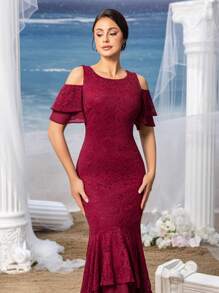Faeriesty Mosy Elegant Cold Shoulder Ruffle Sleeves High Low Hem Lace Party Dress Mother Of The Bride Dress - Burgundy - View 5
