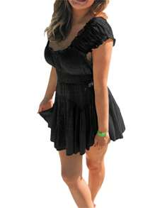 Women Flowy Pirate Dress Fairy Short Sleeve Y2k Off Shoulder Ruffle Corset Mini Dresses - 黑色 - 查看 4