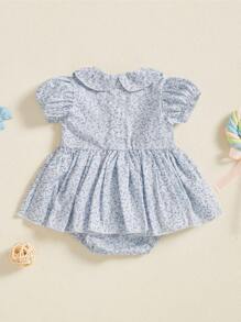 Newborn Baby Girls Summer Romper Dress Bow Embroidery Floral Print Short Sleeve Sweet Princess Dress - 藍色 - 查看 5