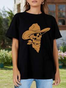 Skeleton Cowboy - Golden Version With Bandana Cowboy Hat Playful Skeleton Skull Spooky Stylized Vintage Western For Women's Women T-Women's Shirt - Black - View 2