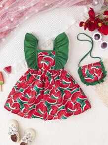 女婴夏季可爱西瓜印花荷叶边吊带休闲连衣裙 + 可爱背包套装 - 彩色 - 查看 2