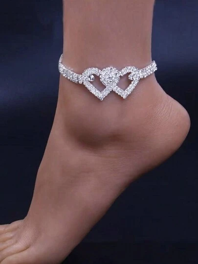 1pc Bride's Sparkling Double Heart Shaped Crystal Anklet