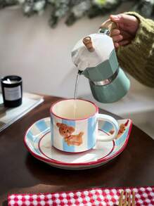1pc Limited Edition Vintage Donkergroene Handgeschilderde Relief Bell Puppy Mok, Koffie/Thee Kopje & Ontbijtbord Cadeau