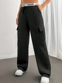 Damen Hose mit hoher Taille und weitem Bein, weite Jogginghose mit 4 Taschen, vielseitige lässige Sportshose