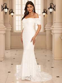 蕾丝花朵鱼尾下摆露肩婚纱，新娘 - 白色 - 查看 4