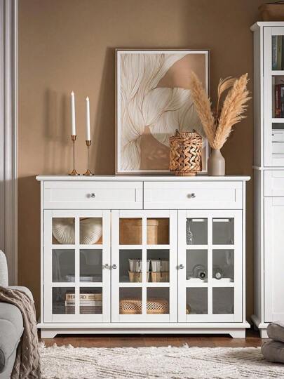 SoBuy FSB77-W Kitchen Cabinet, Kitchen Island With Glass Door, Freestanding, Highboard, Chest Of Drawers, Sideboard, Bar Table, Dining Table, Buffet, Bathroom Cabinet, White, WDH Approx. 119x90x40cm