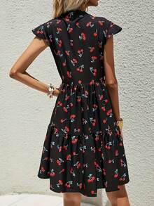 Women Cherry Print V-Neck Cap Sleeve Mini Dress - Black - View 2