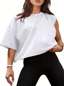 KAHULE Tshirts For Women Round Neck Drop Shoulder Oversized Crop Tops Workout Tops Tees - White - View 3