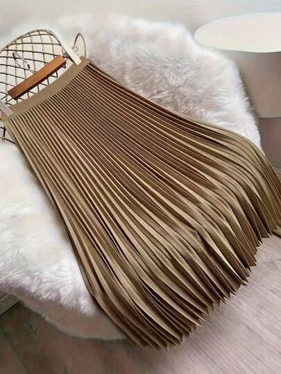 Big New Products For Autumn And Spring Khaki High-Waisted Pleated Skirt Draped And Slimming Mid-Length A-Line Skirt French Retro Style Commuting And Dating Daily Wear For Multiple Scenes Versatile And Friendly Temperament Fashionable Women's Skirt