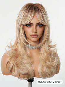 24 Inch Long Wavy Wigs With Bangs Dark Roots Brown Wigs For Women Brown Ombre Hair With Blonde Wigs,Heat-Resistant Synthetic Wigs For Daily Party Cosplay Wigs - Tóc vàng ombre - Xem 3