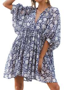 Women Mini Dress, Half Sleeve Lacing Flower Print Pleated Loose Summer Dress For Casual Daily - Navy Blue - View 1