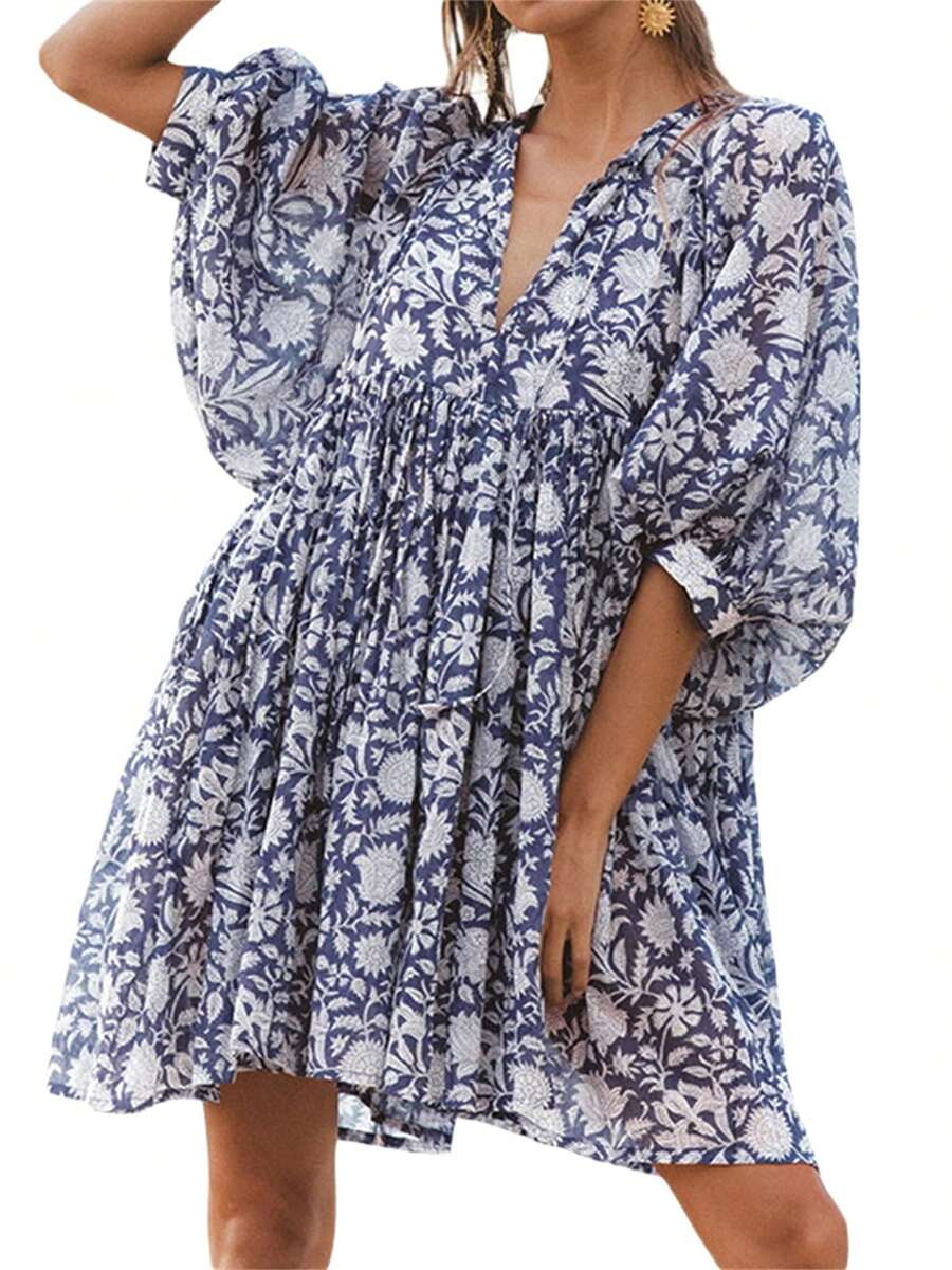 Women Mini Dress, Half Sleeve Lacing Flower Print Pleated Loose Summer Dress For Casual Daily - Navy Blue - View 1