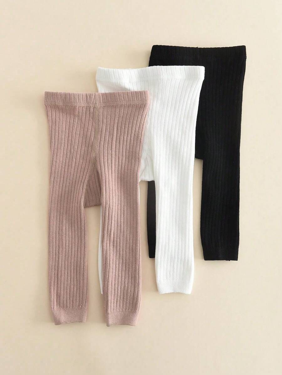3 Pairs Baby Girls Solid Color Striped Cropped Tights, Suitable For Spring/Autumn - Multicolor - View 1