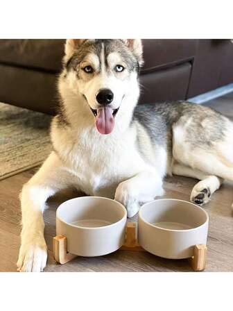 Ceramic Cat Dog Bowls Raised Food And Water Dish With Anti-Slip Wooden Stand Elevated Round Pet Feeding Bowl Dishwasher Friendly & Easy To Clean