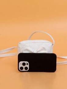 1pc Girls' PU Mini Square Bag, Fashion Bow Coin Purse, Zipper Closure, Embroidered Quilted Pattern, Great Gift For Party, Going Out