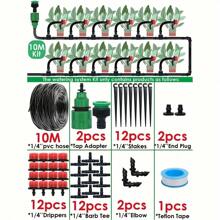 Sistema de riego por goteo para jardinería, set de regadores de micronebulización de dos salidas en color rojo, riego automático ajustable para macetas y herramientas de jardinería