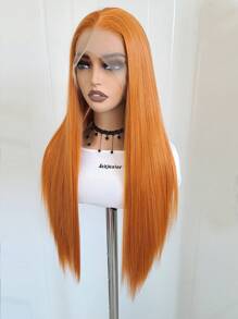 13x4 棕色自然直发合成蕾丝前假发，无胶全假发，耐热纤维，柔软直发，角色扮演，万圣节 - 臟橘色 - 查看 6