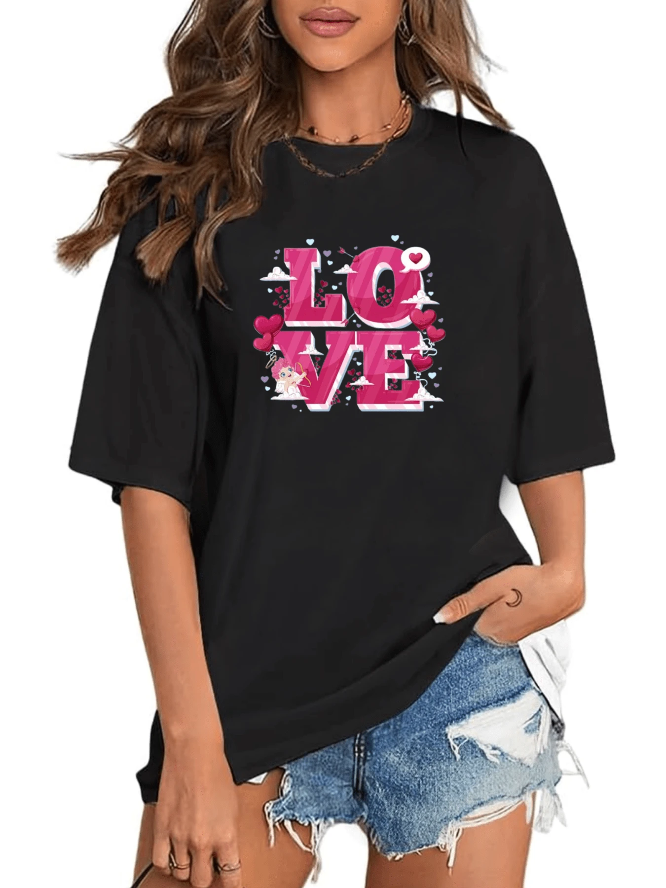 Payeah   Eye-Catching Love Personalized Print Valentine's Day Women's Clothing  1 Pcs 220g Heavy Cotton T Shirt - Black - View 1