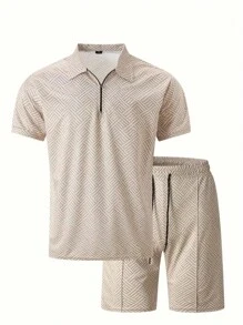 Polo Collar Short Sleeve Casual Men Suit - Beige - View 2